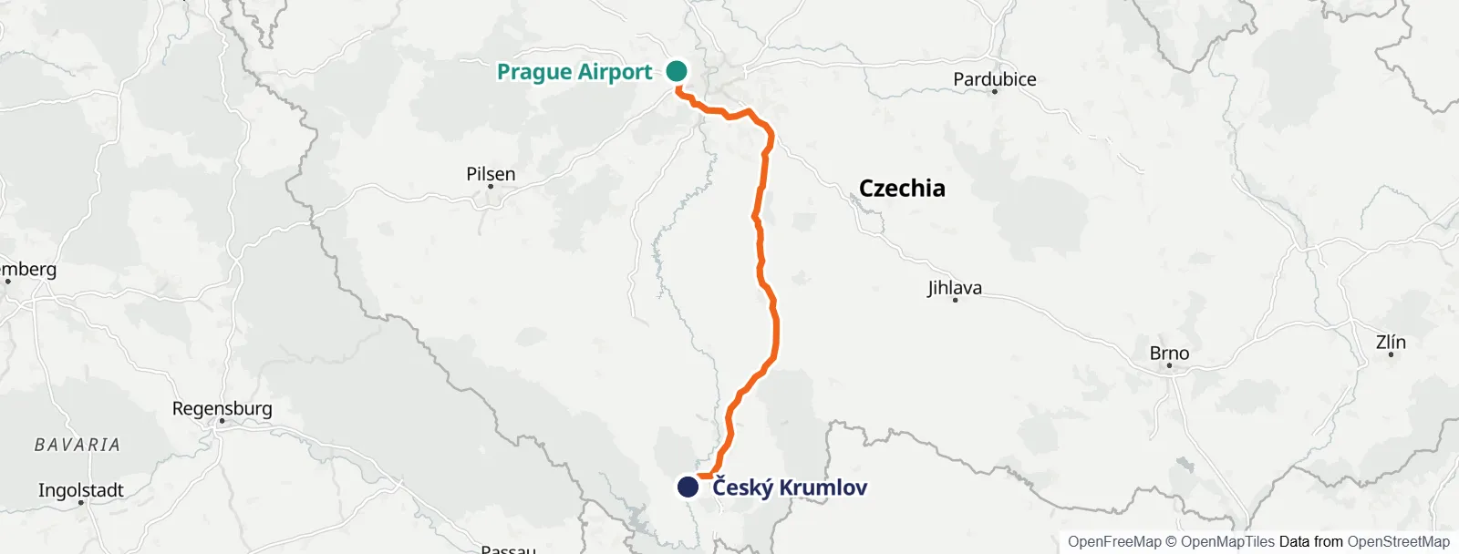 Mapa do percurso: Prague Airport – Český Krumlov