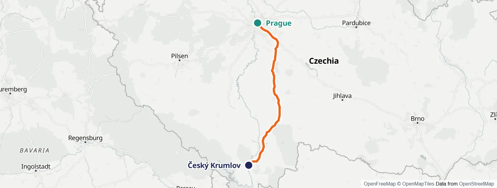 Mapa do percurso: Prague – Český Krumlov
