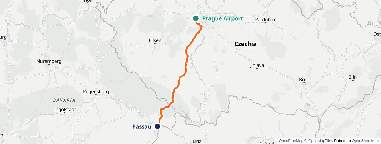 Mapa do percurso: Prague Airport – Passau