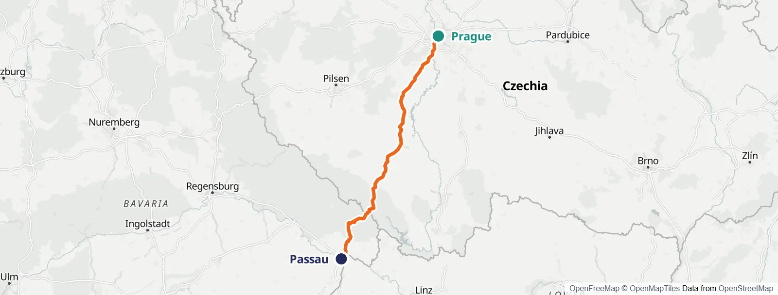 Mapa do percurso: Prague – Passau
