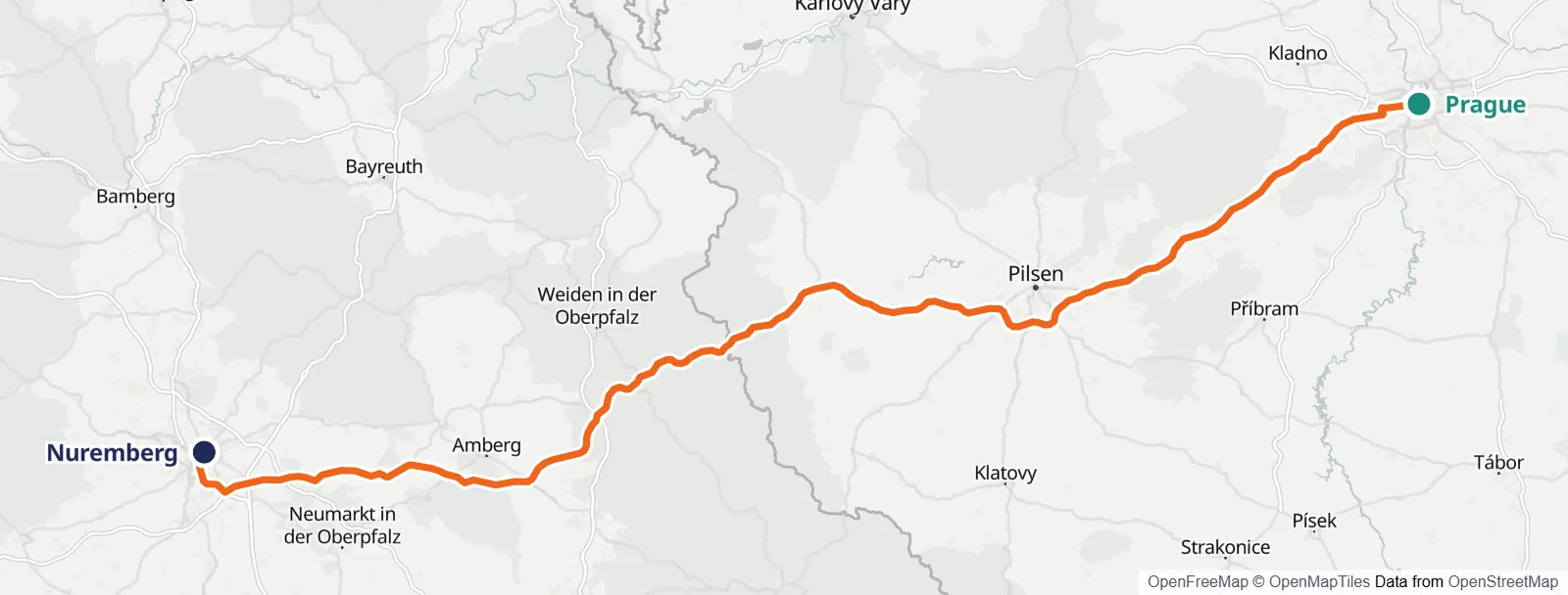 Mapa do percurso: Prague – Nuremberg