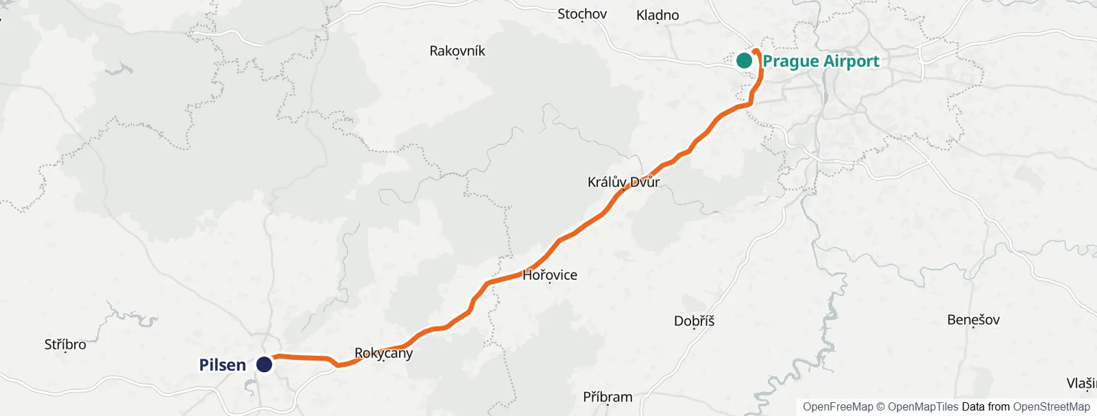 Mapa do percurso: Prague Airport – Pilsen