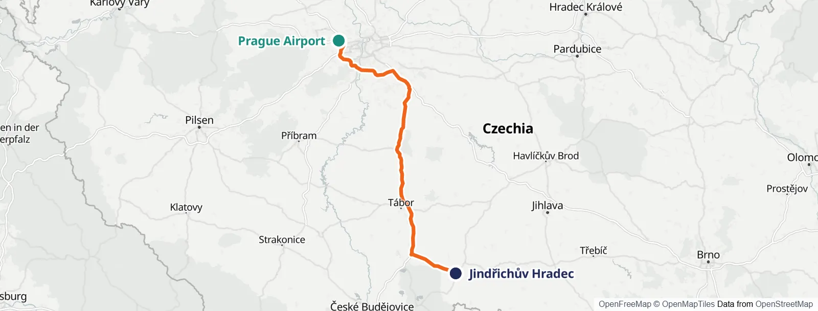 Mapa do percurso: Prague Airport – Jindřichův Hradec