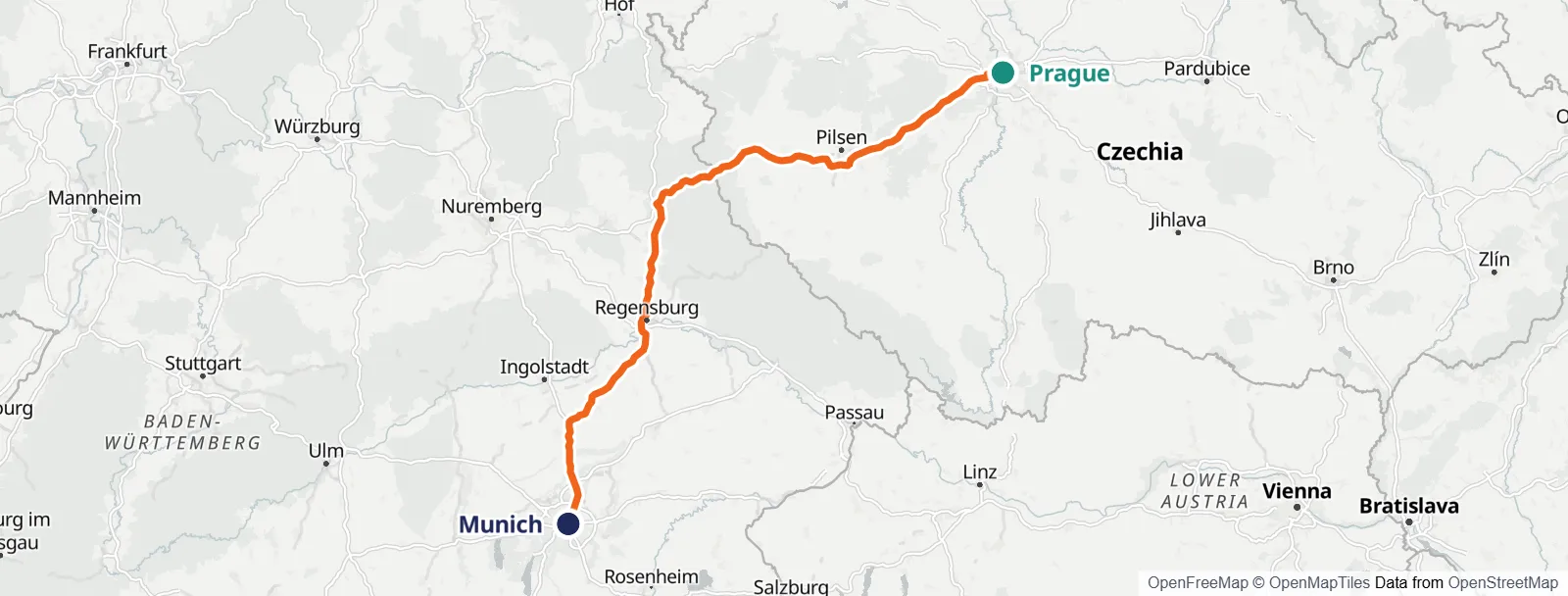 Mapa do percurso: Prague – Munich