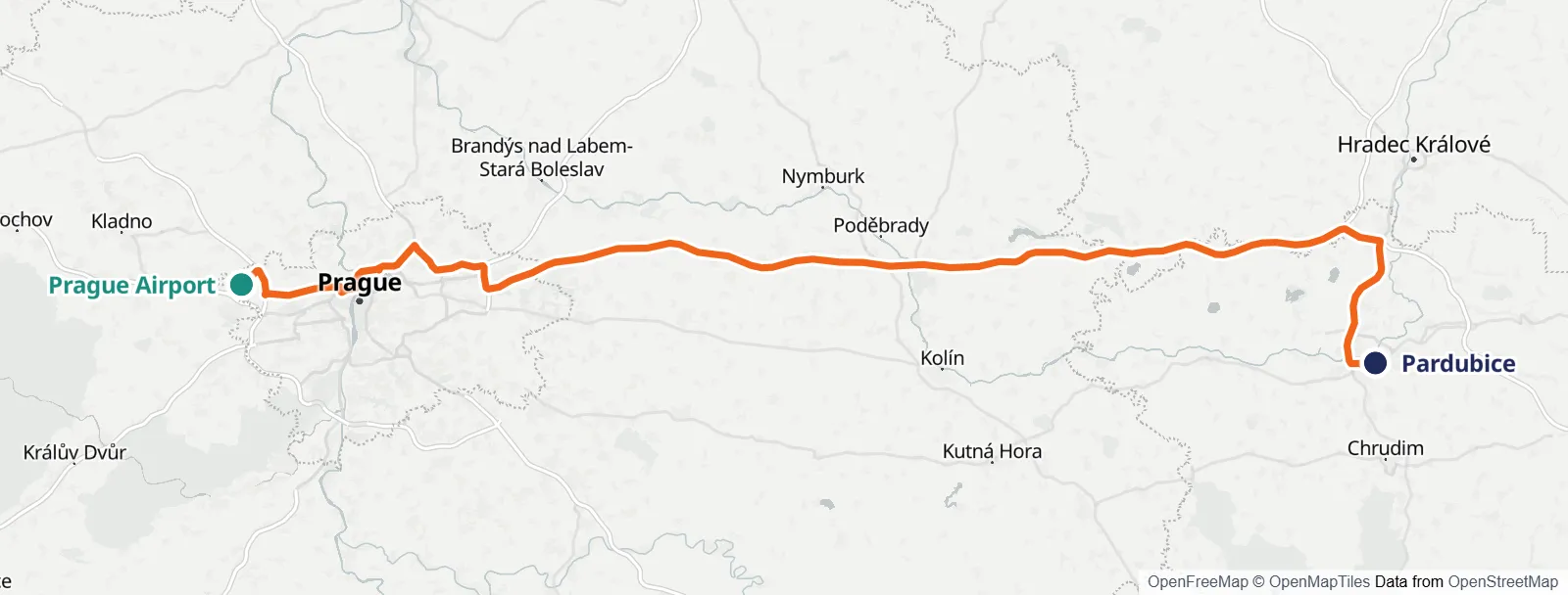 Mapa do percurso: Prague Airport – Pardubice