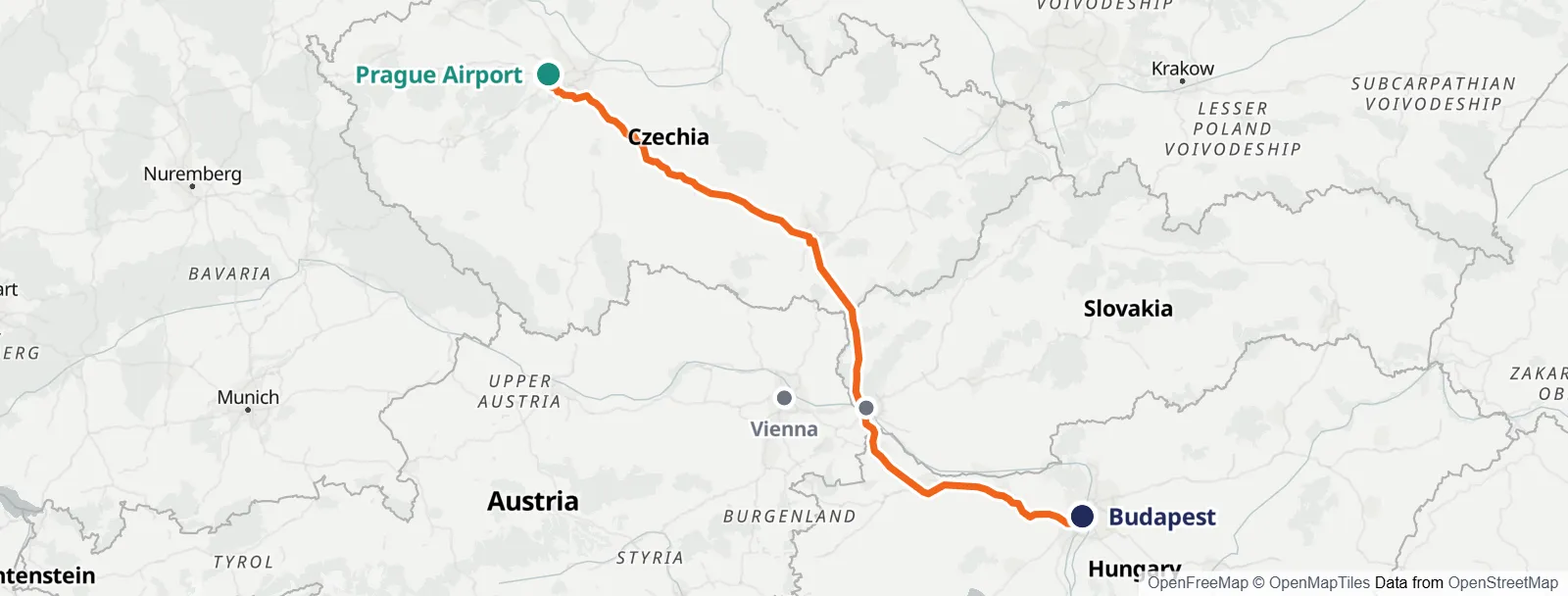 Mapa do percurso: Prague Airport – Vienna – Bratislava – Budapest