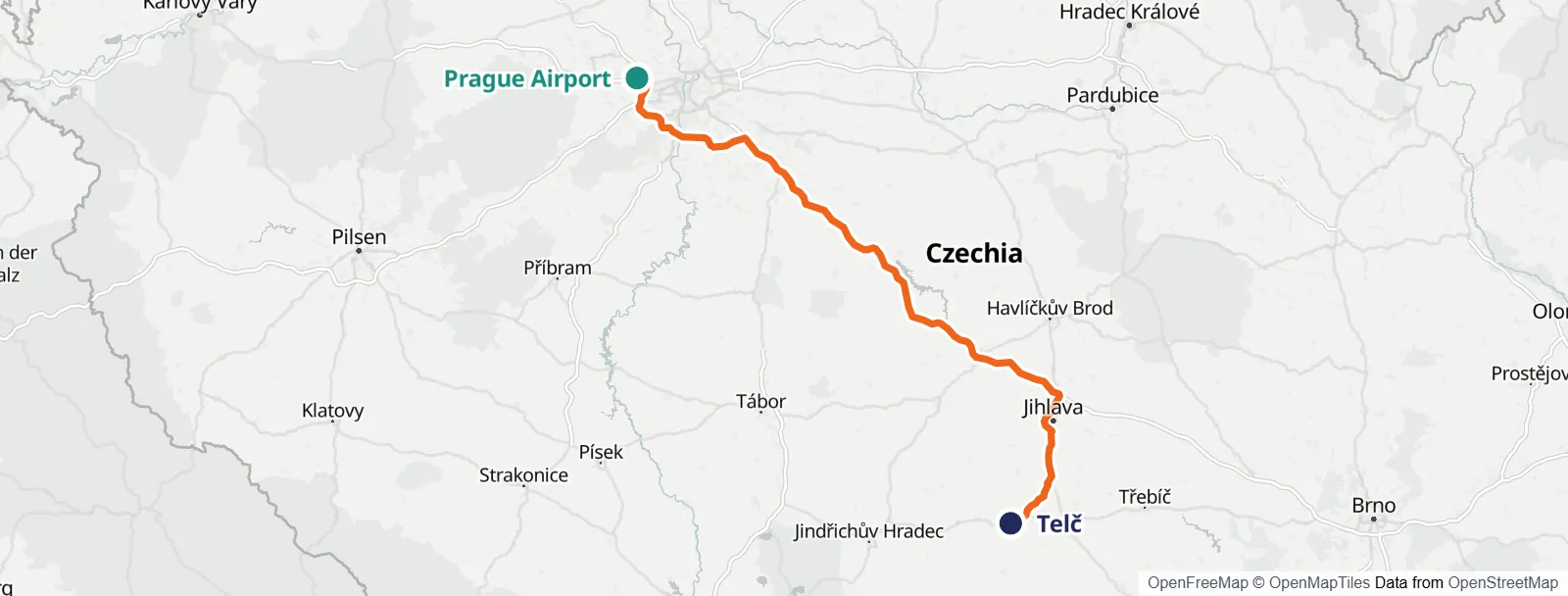 Mapa do percurso: Prague Airport – Telč