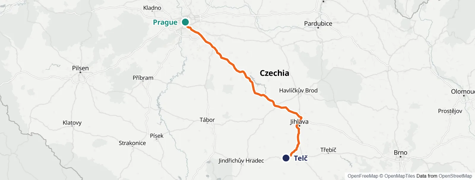 Mapa do percurso: Prague – Telč
