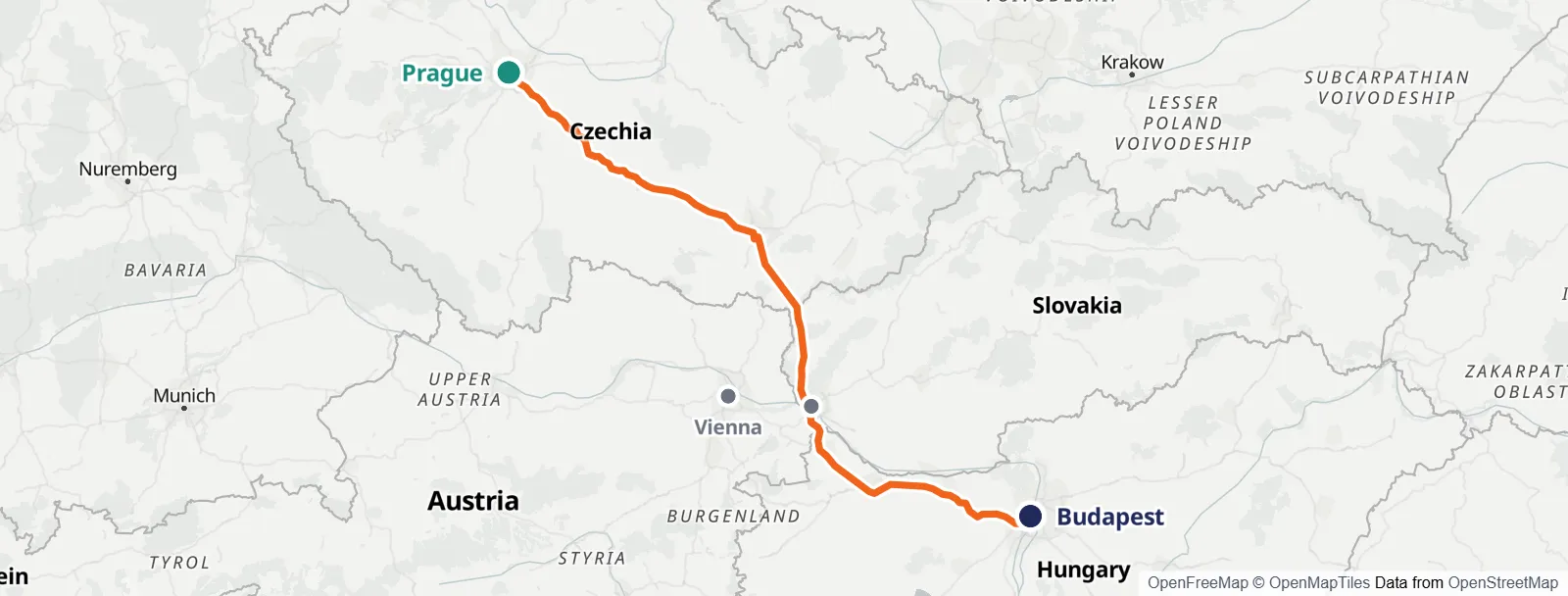 Mapa do percurso: Prague – Vienna – Bratislava – Budapest